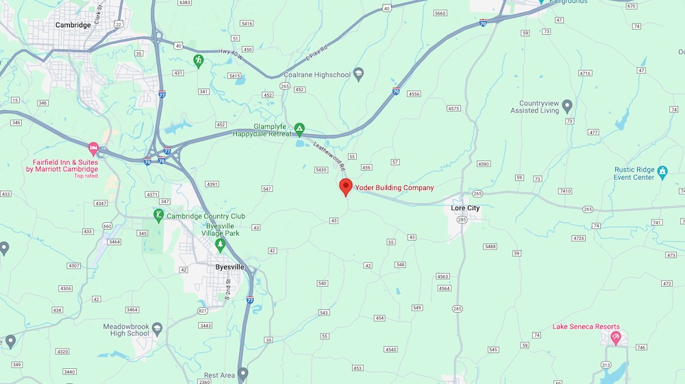 Location map of Yoder Building Company at 13051 Deerfield Road Senecaville, OH 43780